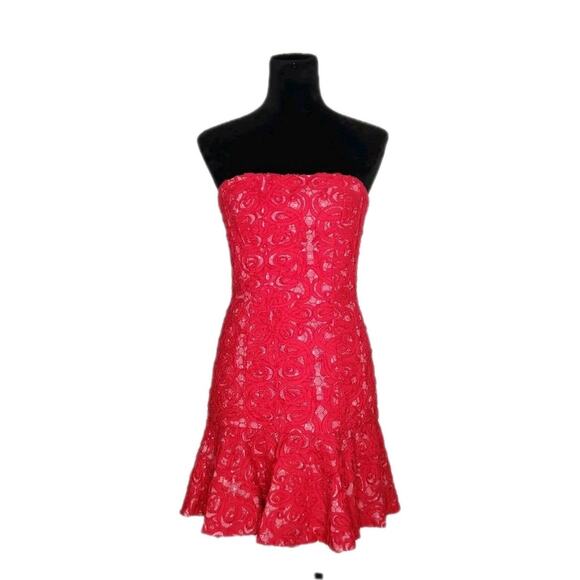 BCBGMaxazria Y2K Marina Red Mini Strapless Ruffle Hem Dress Women's Size 6 - Picture 2 of 13